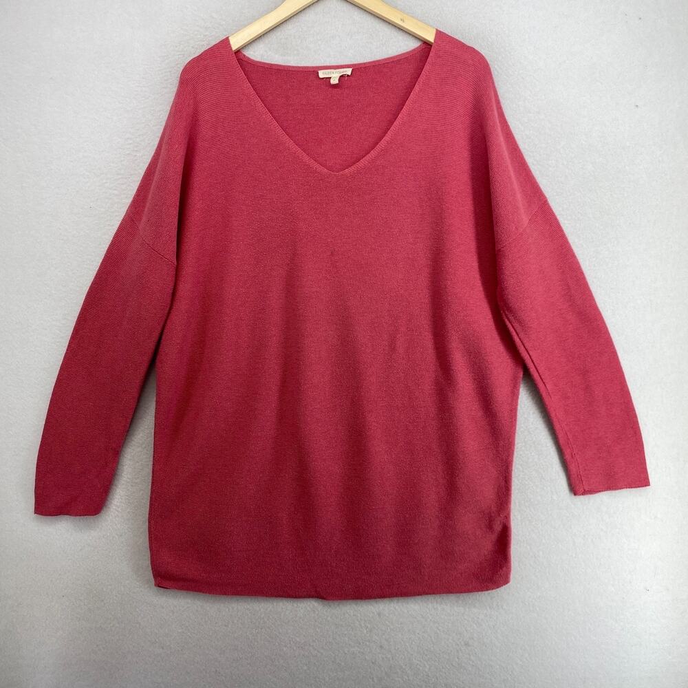 EILEEN FISHER Sweater M Organic Cotton Tunic V-Neck Long Sleeve Pullover Red